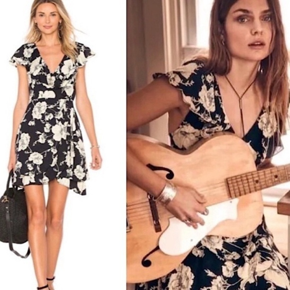 Free People French Quarter Black & Cream Floral Wrap V Neck Ruffle Mini Dress​​